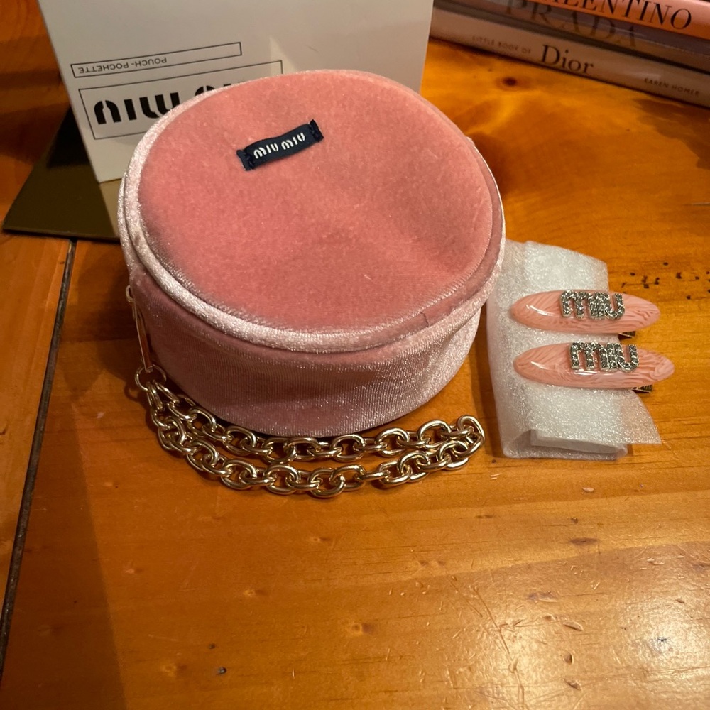 Miu Miu Blush Velvet Pouch with Gold Chain includes hair clips embellished with